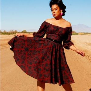 Pinup Couture Marie-Therese black & red Floral Swing Dress NWT